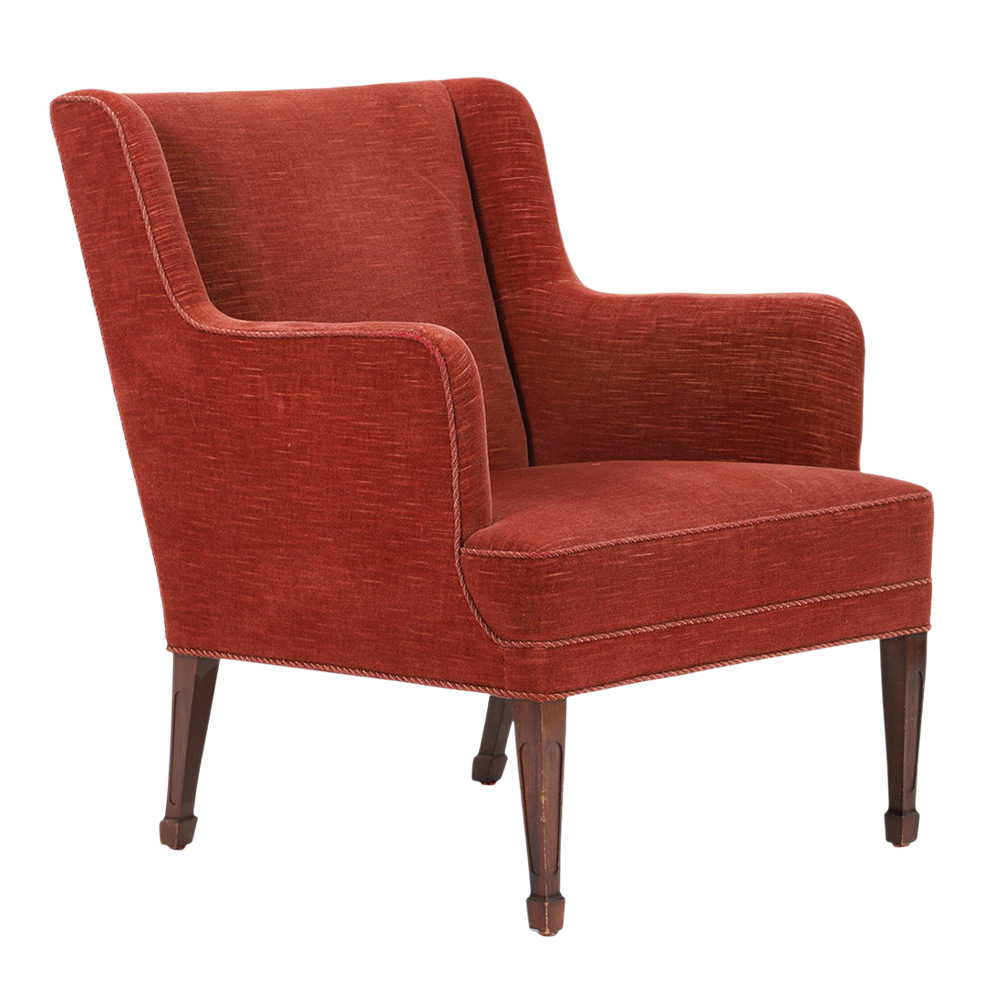 1940s Frits Henningsen : red mohair upholstered and mahogany armchair