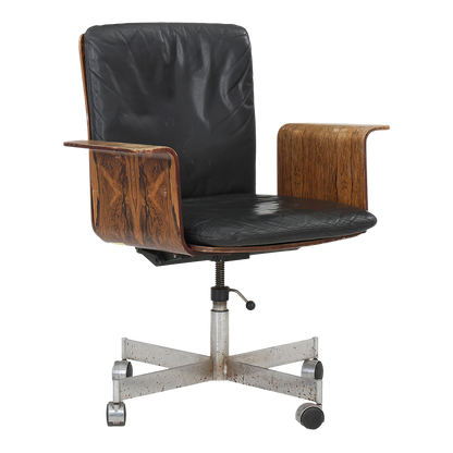 Ib & Jørgen Rasmussen : "Kevi" swivel office chair in rosewood & leather