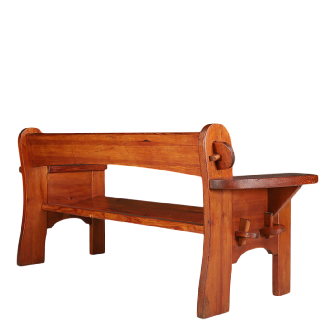 1960s Swiss : solid pinewood Alpine Folk Revival 74" bench