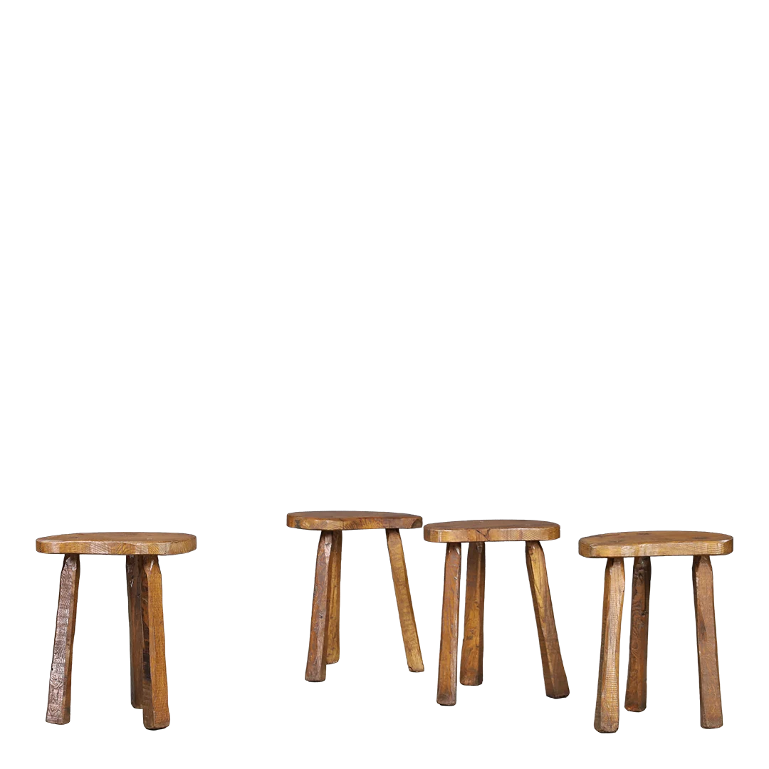 1960s French : solid elmwood low stool with visible joinery