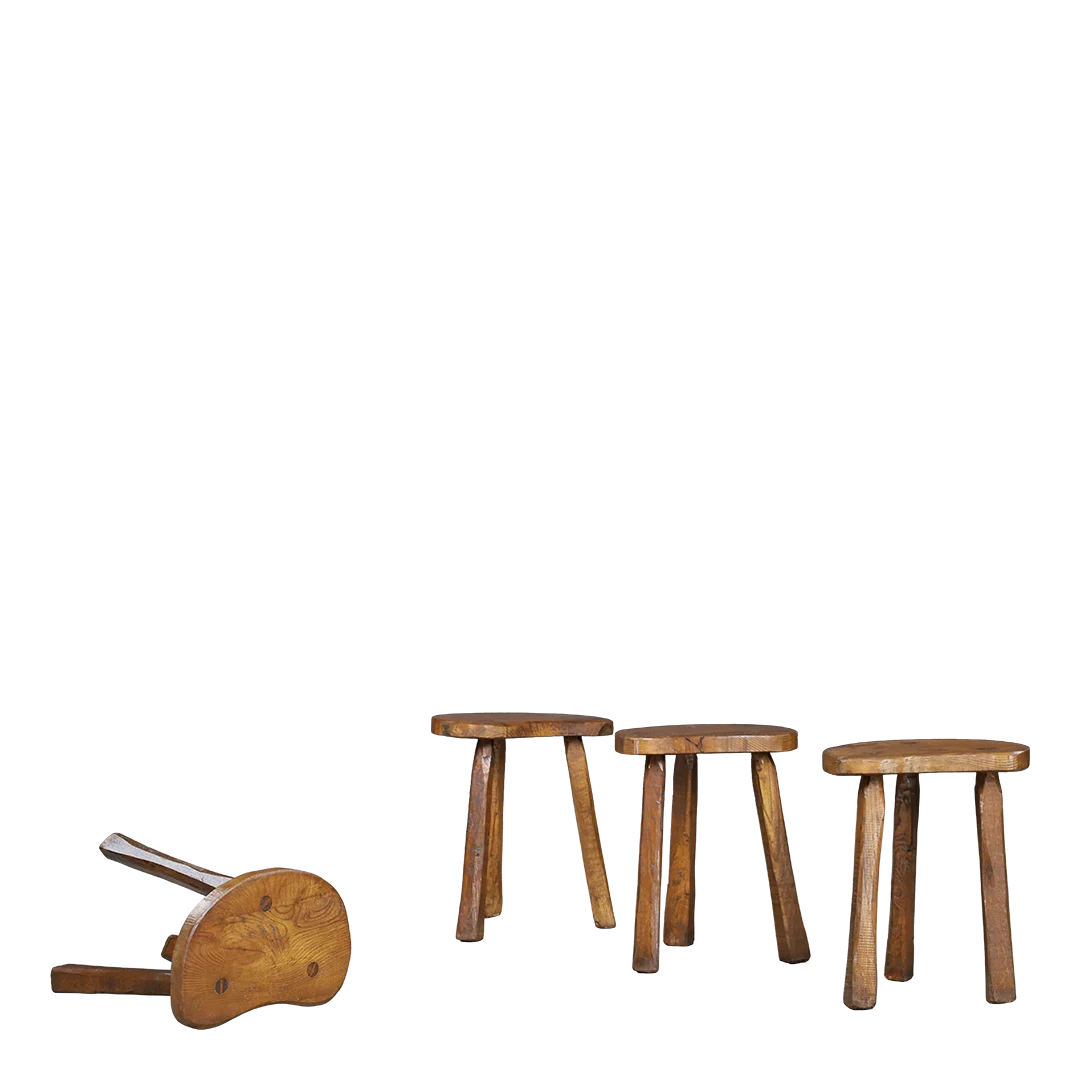 1960s French : solid elmwood low stool with visible joinery
