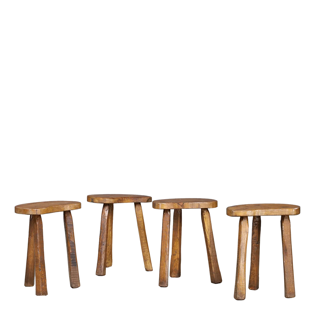 1960s French : solid elmwood low stool with visible joinery