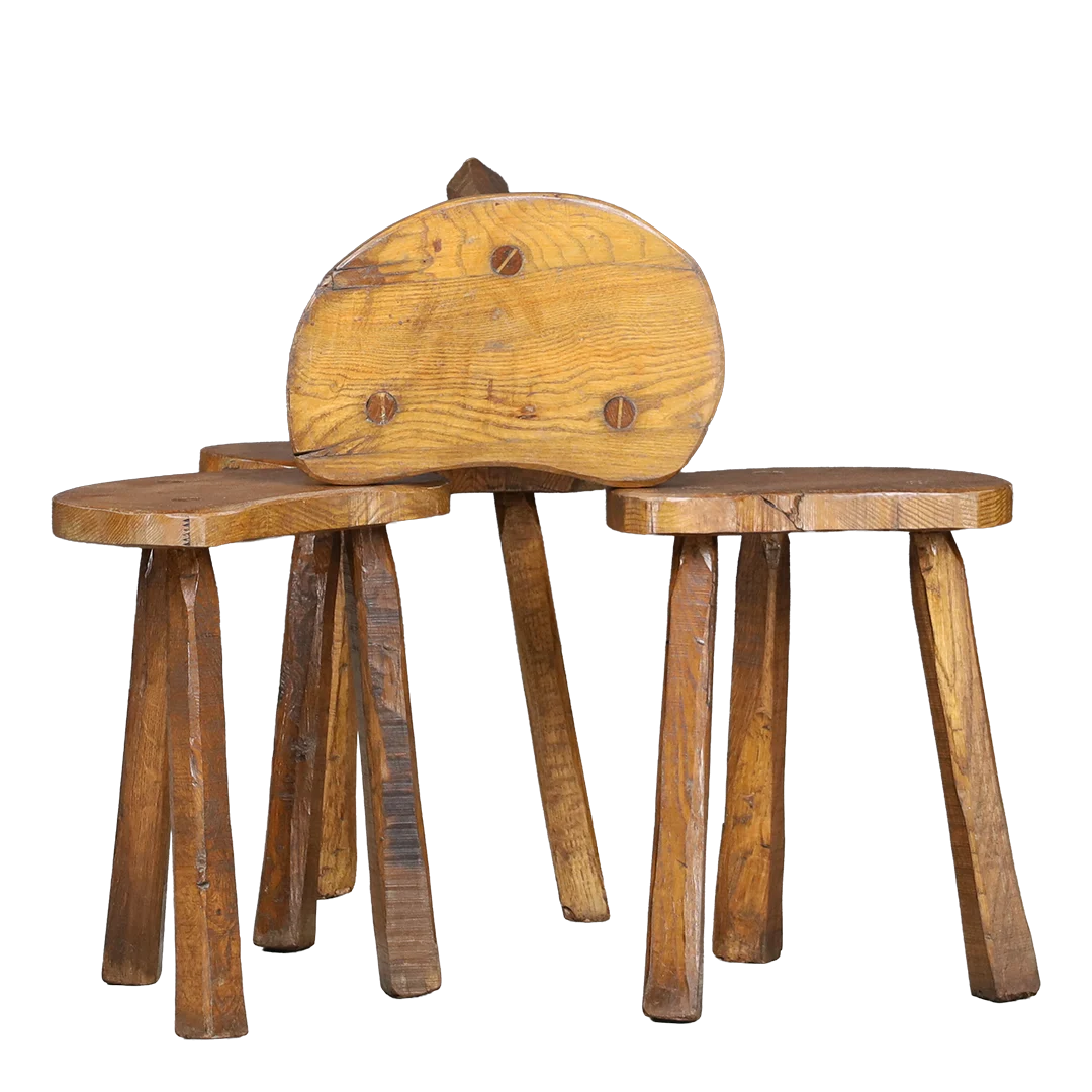 1960s French : solid elmwood low stool with visible joinery
