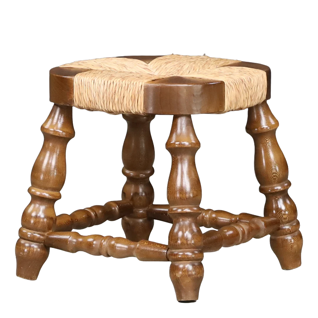 1950s French carved wood & corded rush low stool