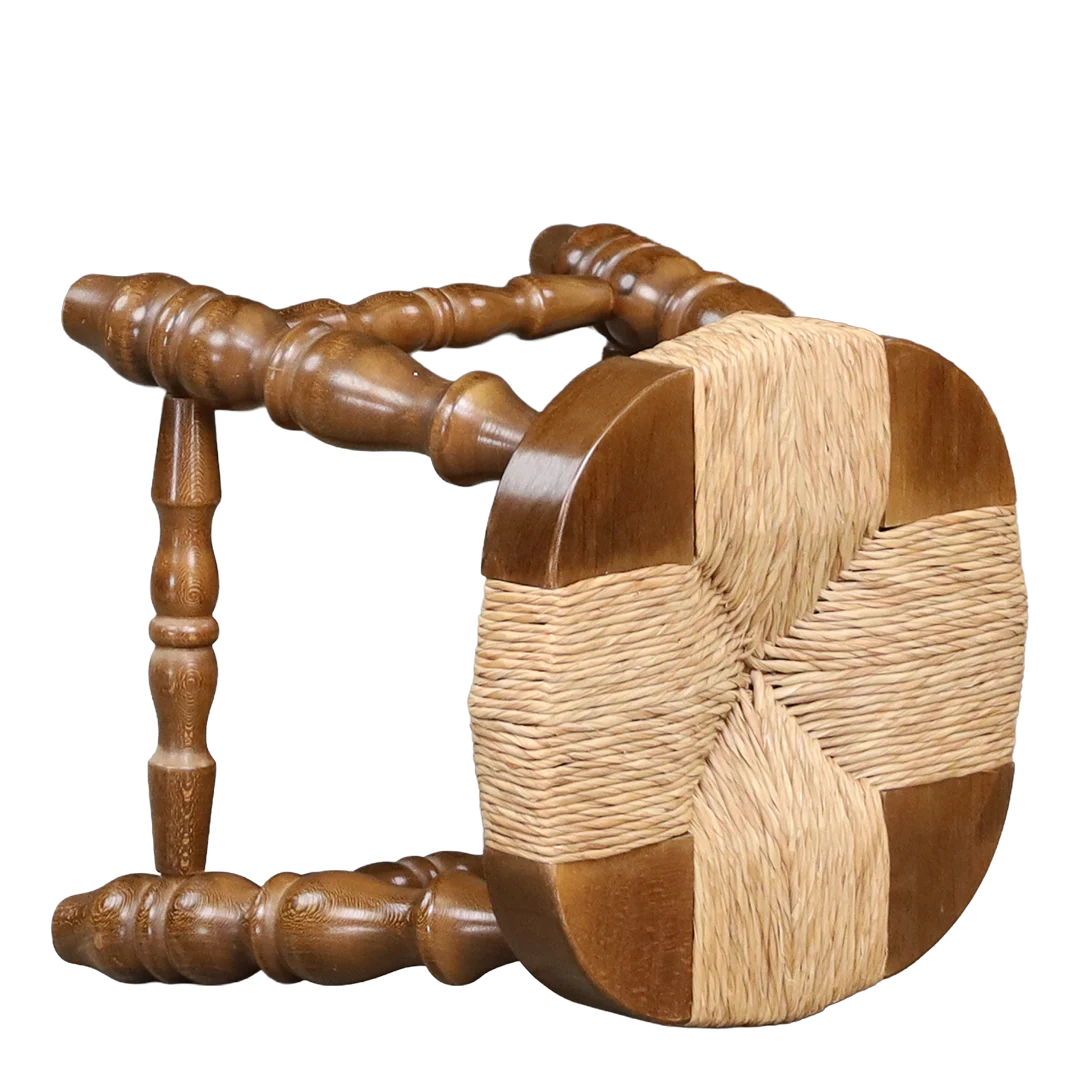 1950s French carved wood & corded rush low stool