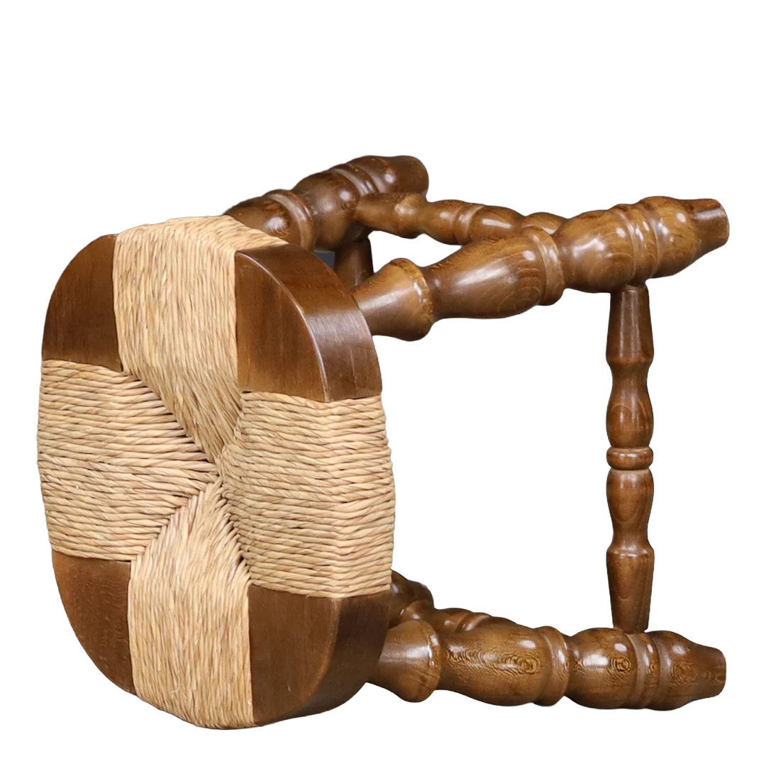 1950s French carved wood & corded rush low stool