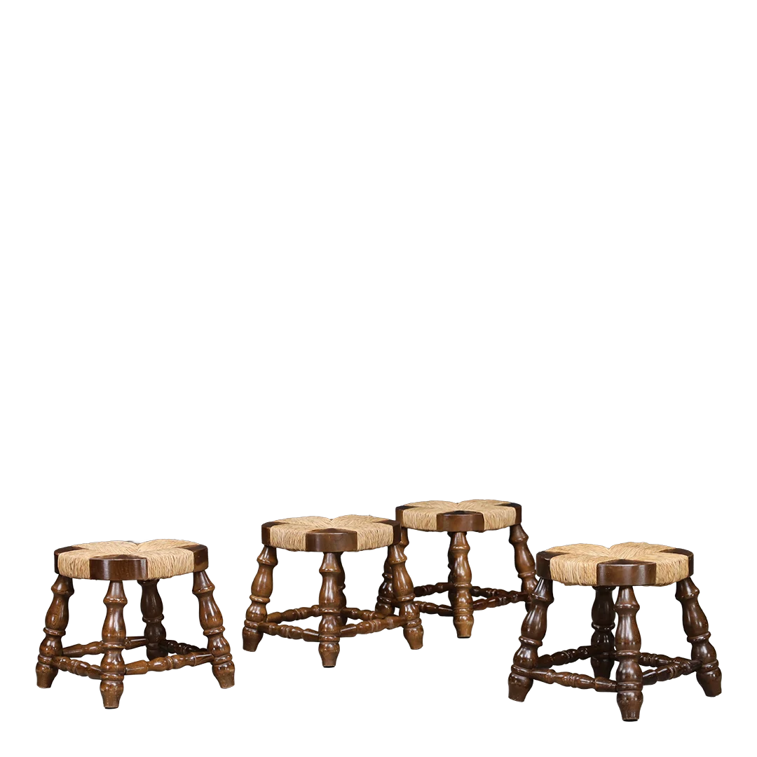 1950s French carved wood & corded rush low stool