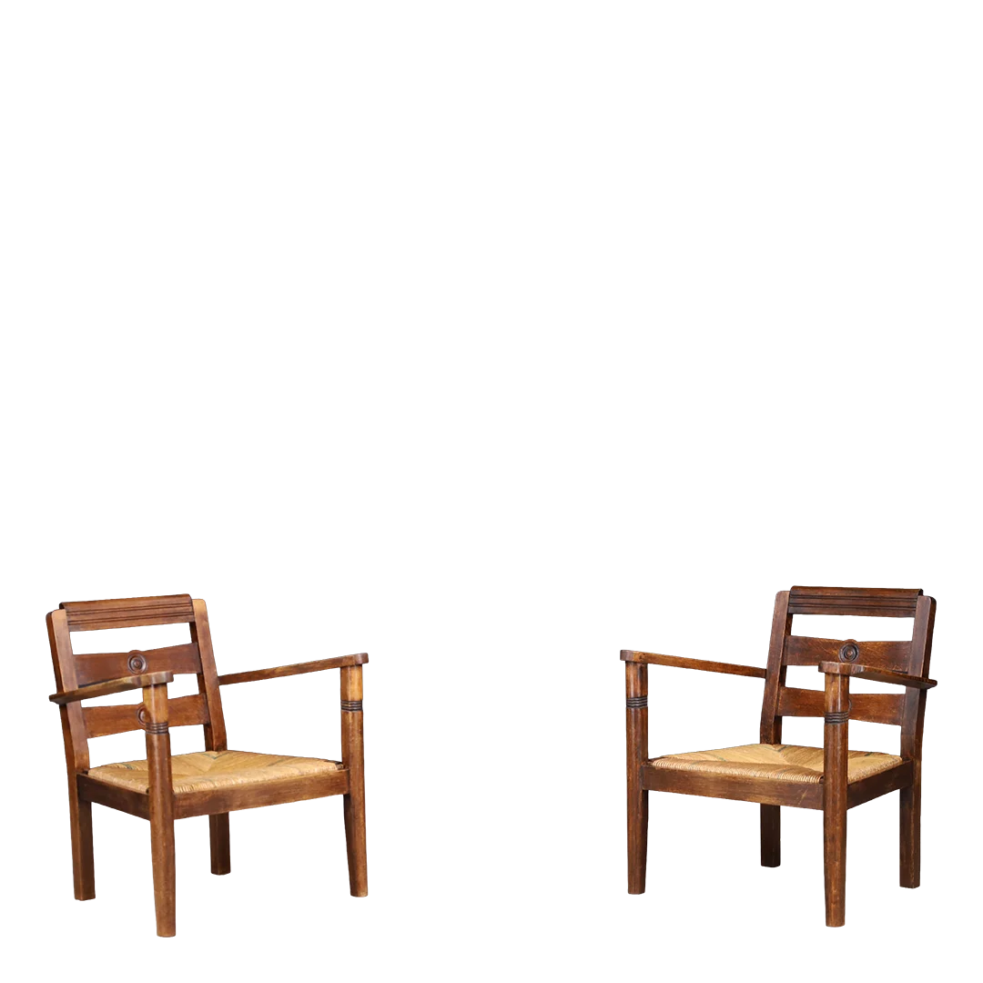 1940s French : provincial oak & woven cane fireside chair