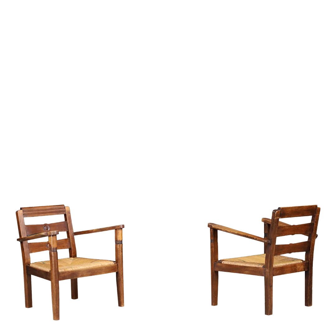 1940s French : provincial oak & woven cane fireside chair