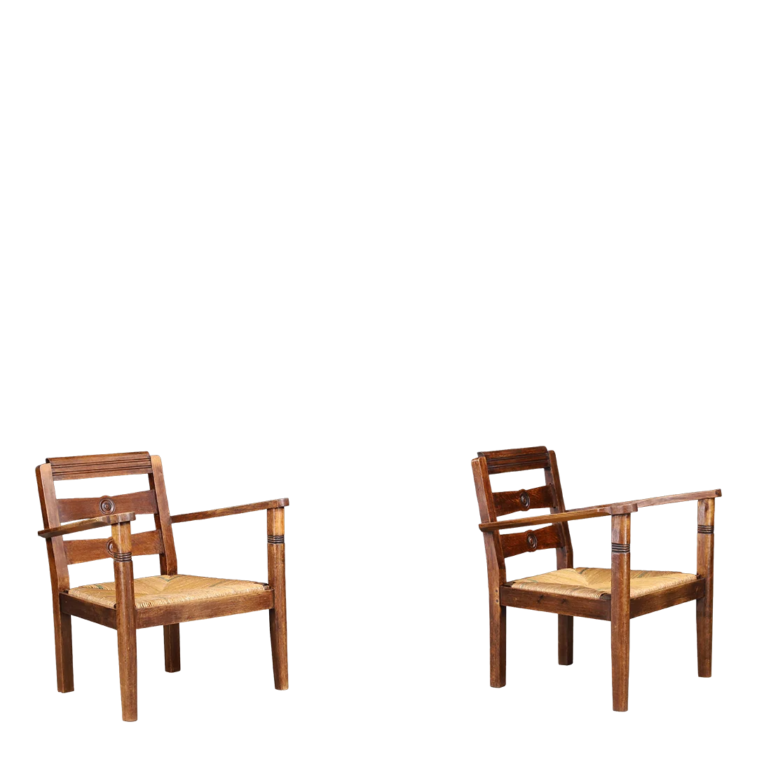 1940s French : provincial oak & woven cane fireside chair