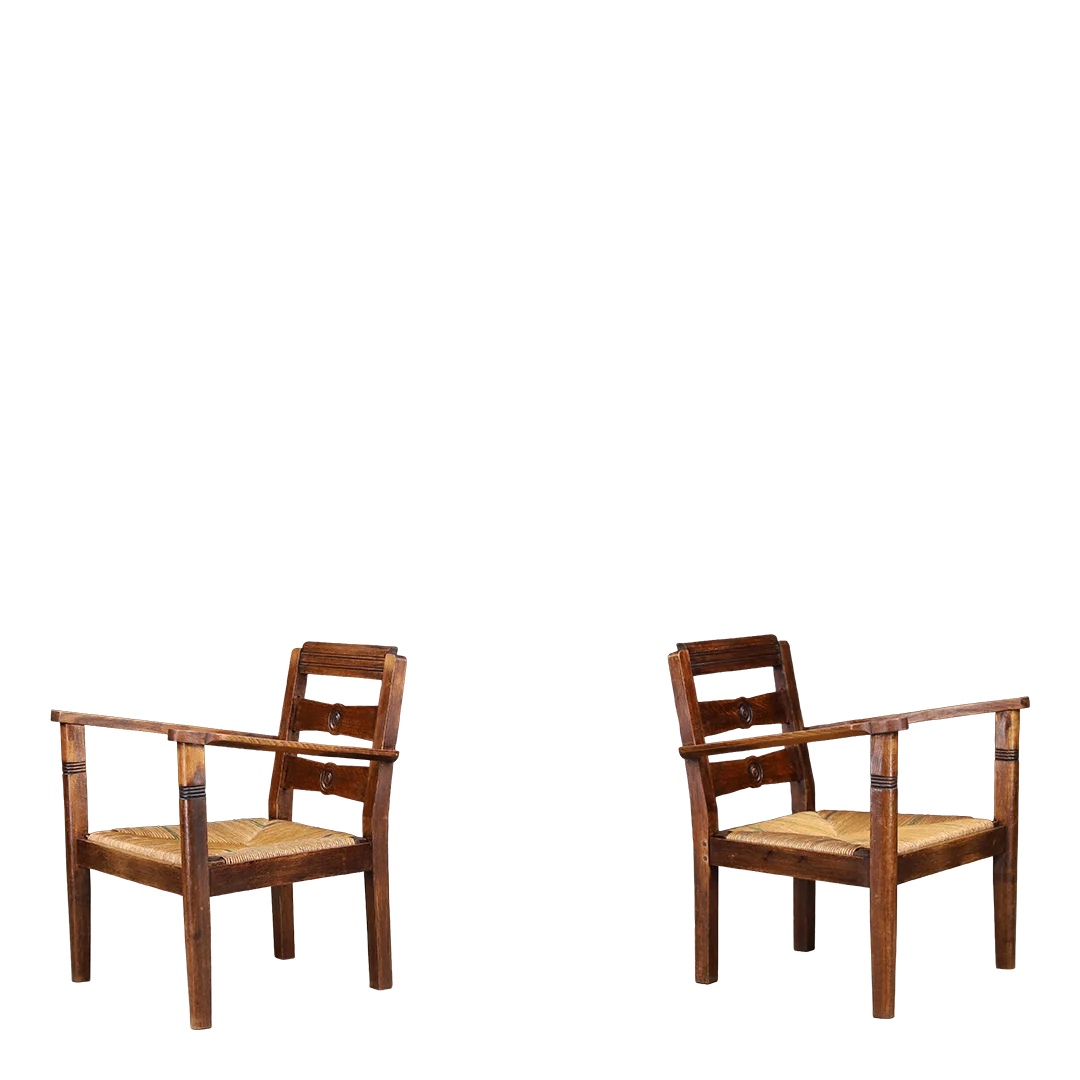 1940s French : provincial oak & woven cane fireside chair