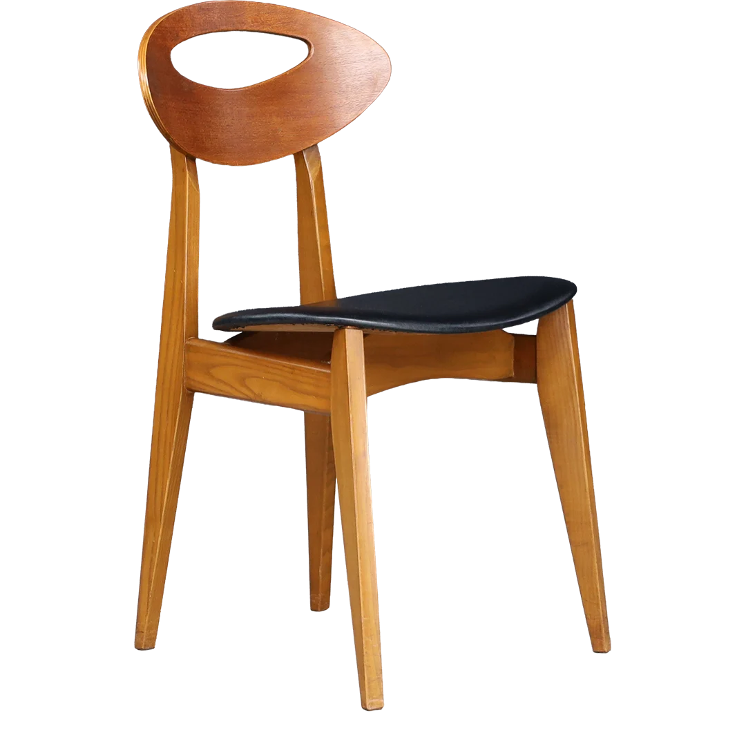 1950s Roger Landault : set six teakwood & leatherette dining chairs, France
