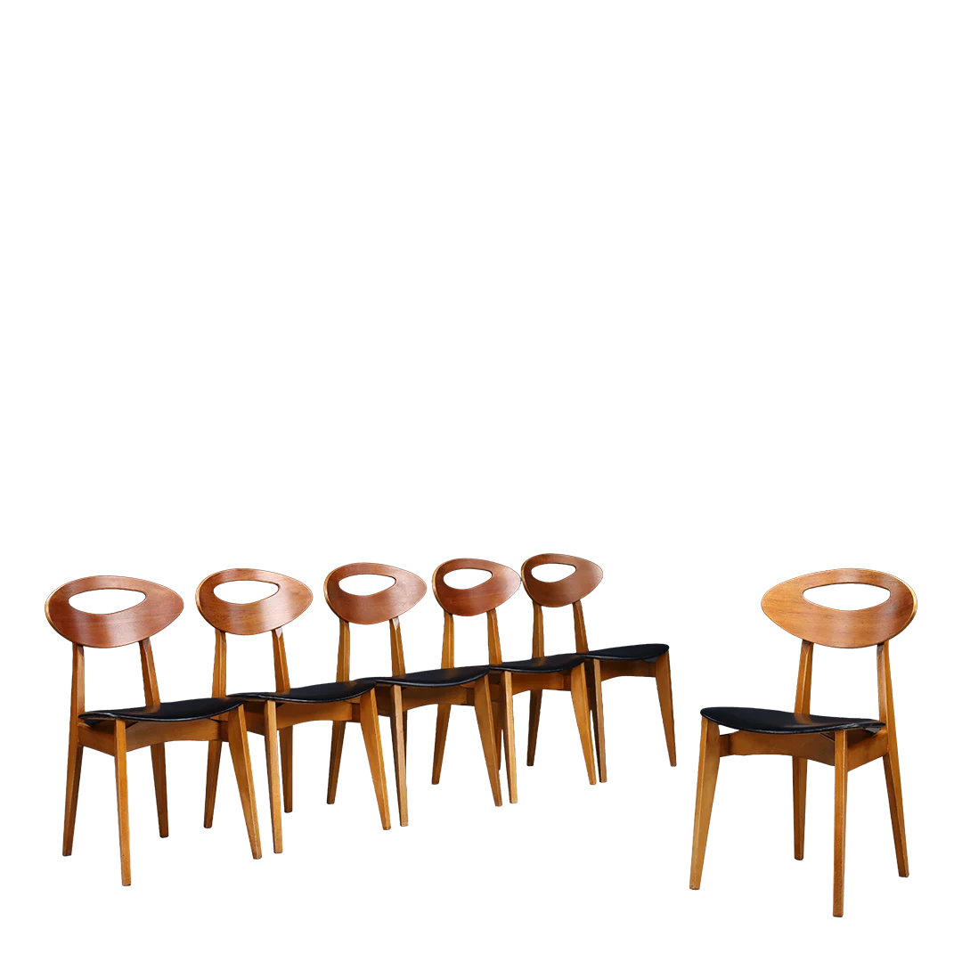 1950s Roger Landault : set six teakwood & leatherette dining chairs, France
