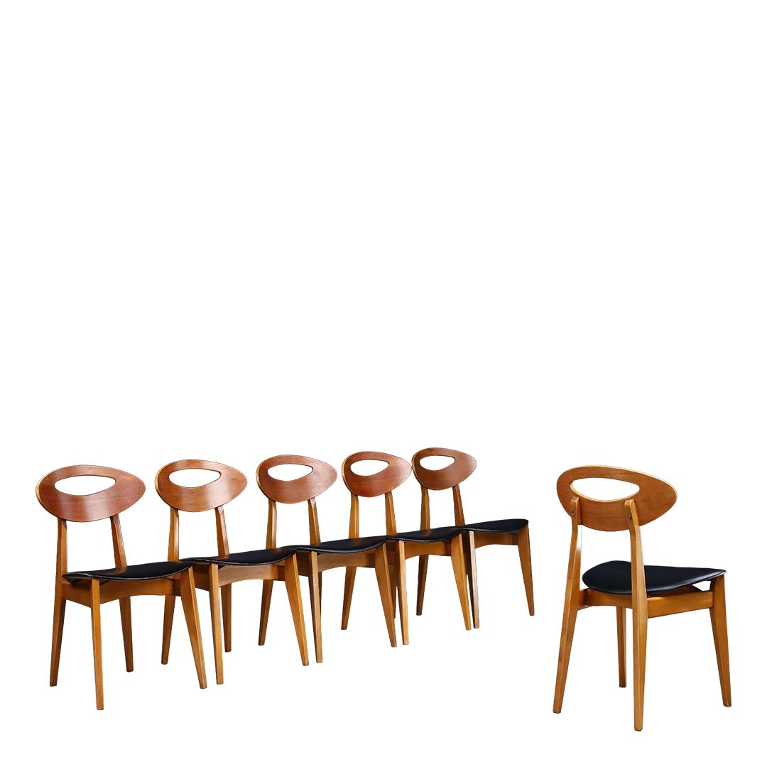 1950s Roger Landault : set six teakwood & leatherette dining chairs, France