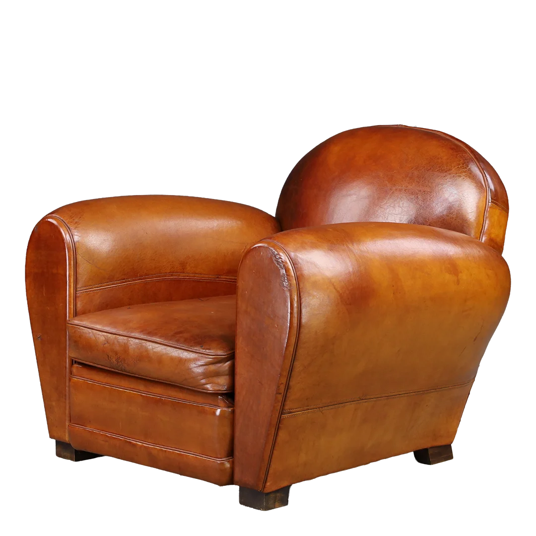 1930s French : classic Fauteuil “Barrel Back” leather club chair