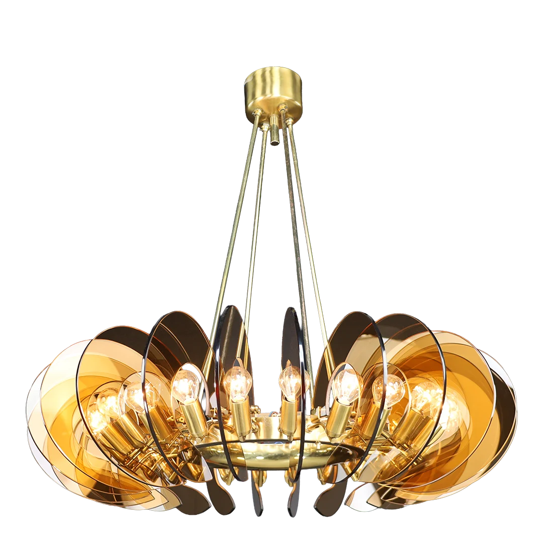 1960s Gino Paroldo : exceptional amber glass & brass chandelier