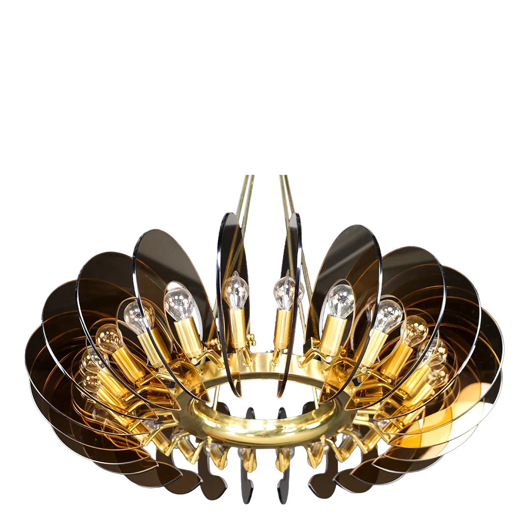 1960s Gino Paroldo : exceptional amber glass & brass chandelier