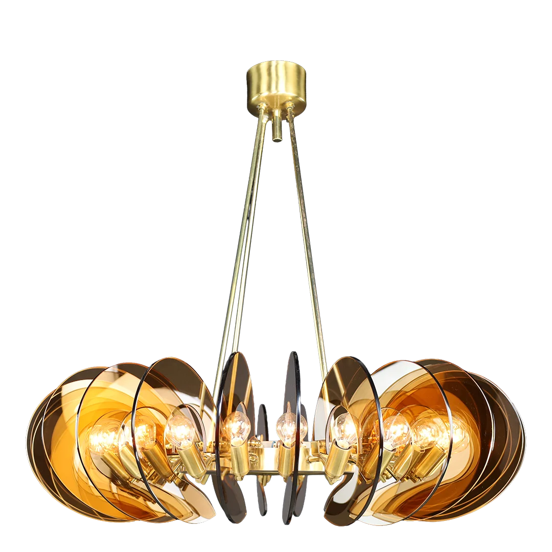 1960s Gino Paroldo : exceptional amber glass & brass chandelier