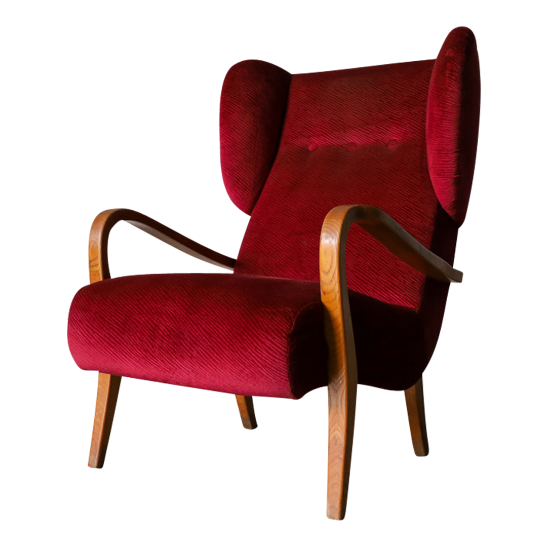 1950s Scandinavian : large wine red velvet wingback chair