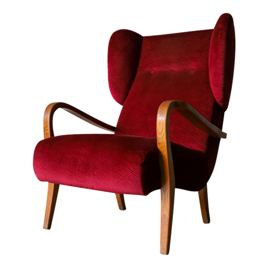 1950s Scandinavian : large wine red velvet wingback chair