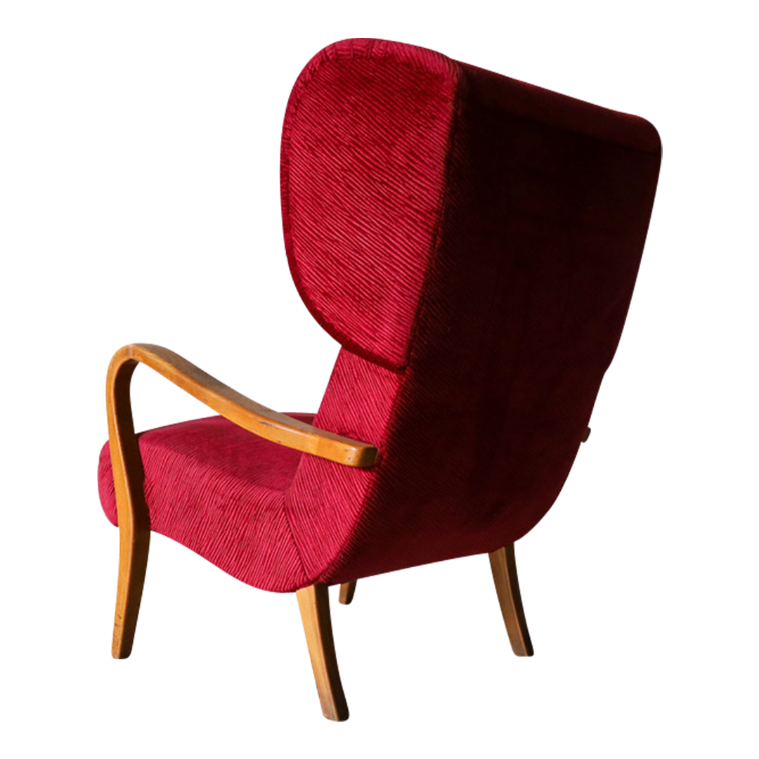 1950s Scandinavian : large wine red velvet wingback chair