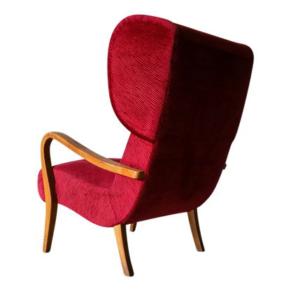 1950s Scandinavian : large wine red velvet wingback chair