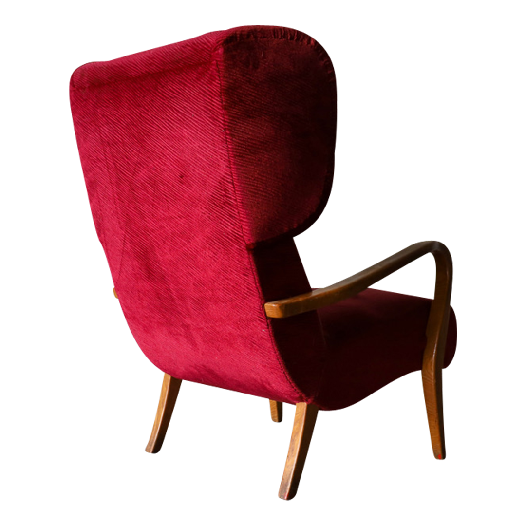 1950s Scandinavian : large wine red velvet wingback chair