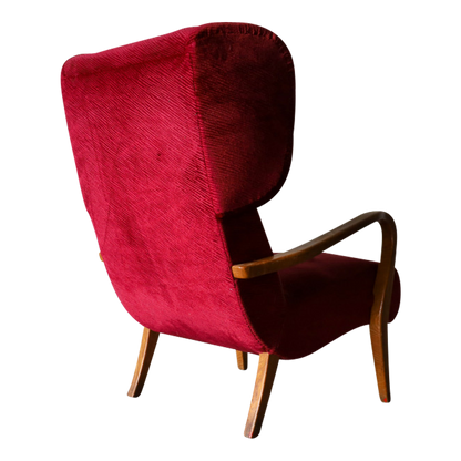 1950s Scandinavian : large wine red velvet wingback chair