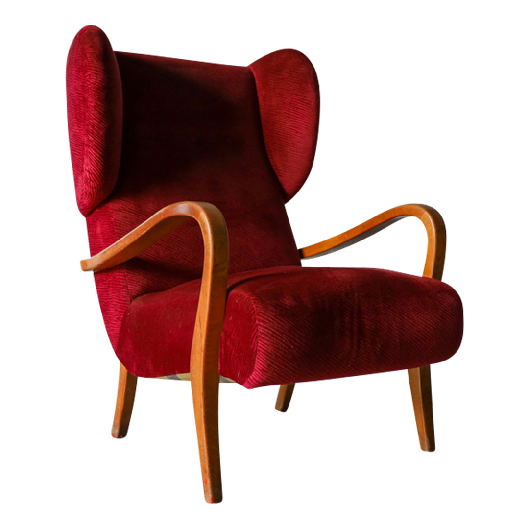 1950s Scandinavian : large wine red velvet wingback chair