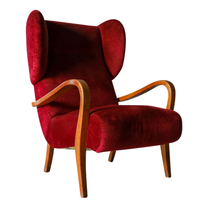 1950s Scandinavian : large wine red velvet wingback chair