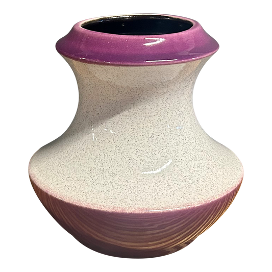 1960s Steuler Keramik : white 6" flared vase w/purple band