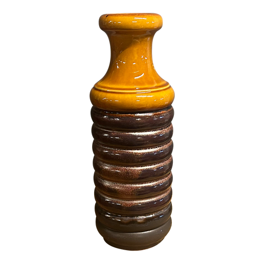 1970s Dieter Peter : brown iridescent 12" ribbed vase, Carstens