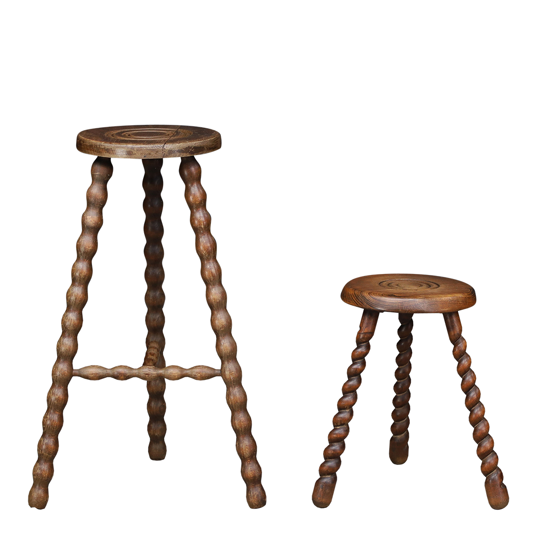 Pair of 1940s French : trileg bobbin stools w/carved tops