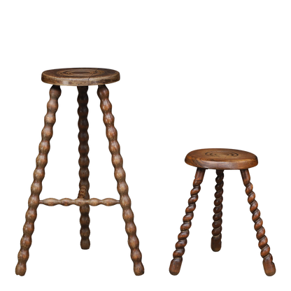 Pair of 1940s French : trileg bobbin stools w/carved tops