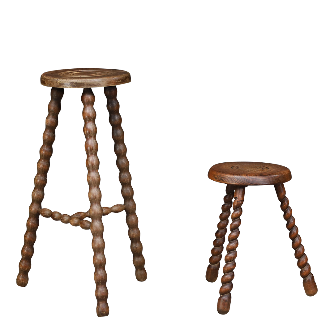 Pair of 1940s French : trileg bobbin stools w/carved tops