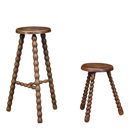 Pair of 1940s French : trileg bobbin stools w/carved tops