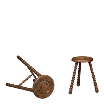 Pair of 1940s French : trileg bobbin stools w/carved tops