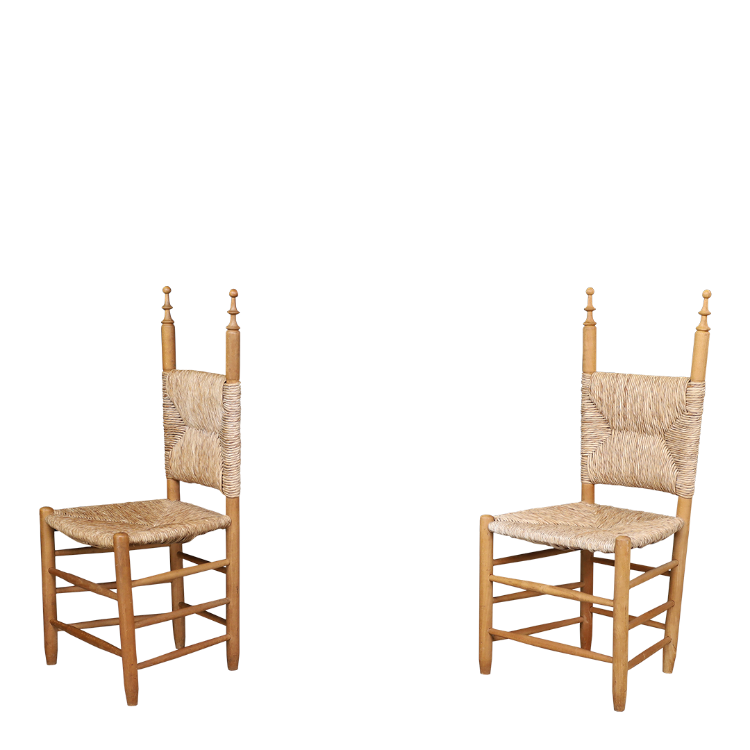 1970s French Country : solid pinewood & corded hemp chairs + stool