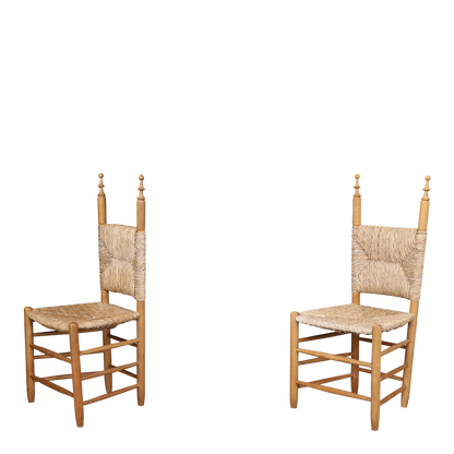 1970s French Country : solid pinewood & corded hemp chairs + stool