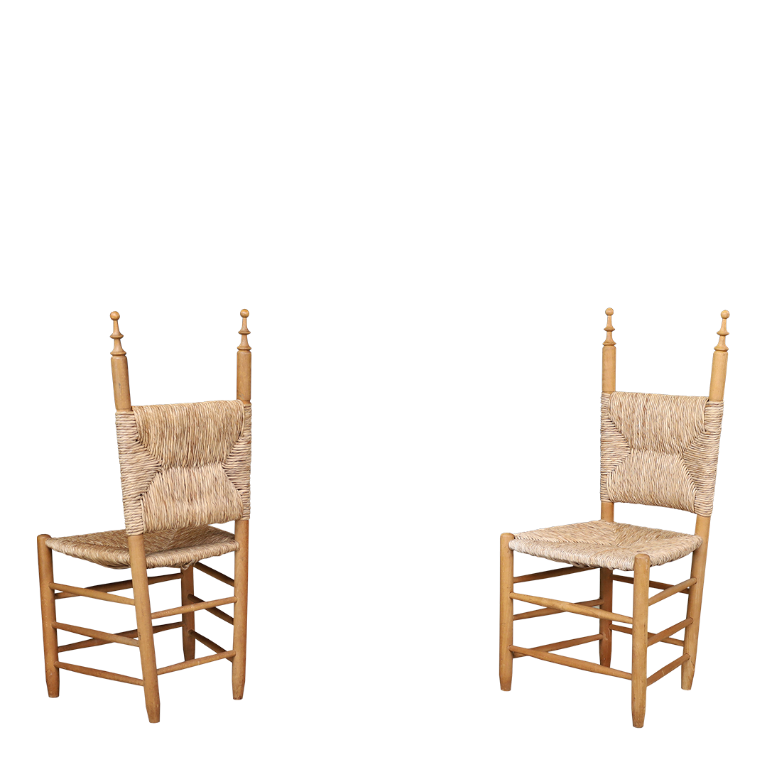 1970s French Country : solid pinewood & corded hemp chairs + stool