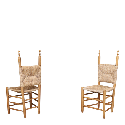 1970s French Country : solid pinewood & corded hemp chairs + stool