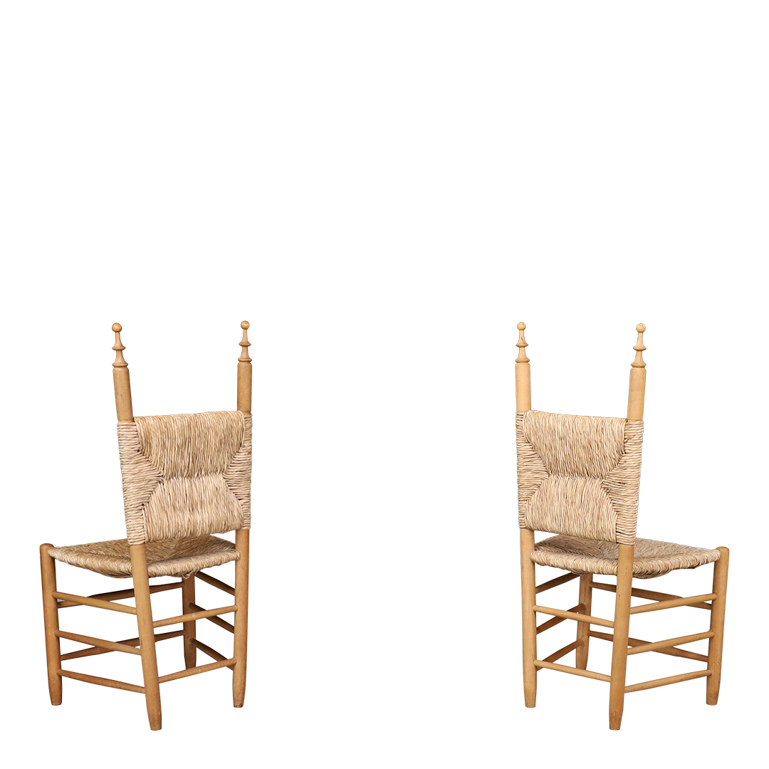 1970s French Country : solid pinewood & corded hemp chairs + stool