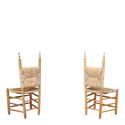 1970s French Country : solid pinewood & corded hemp chairs + stool