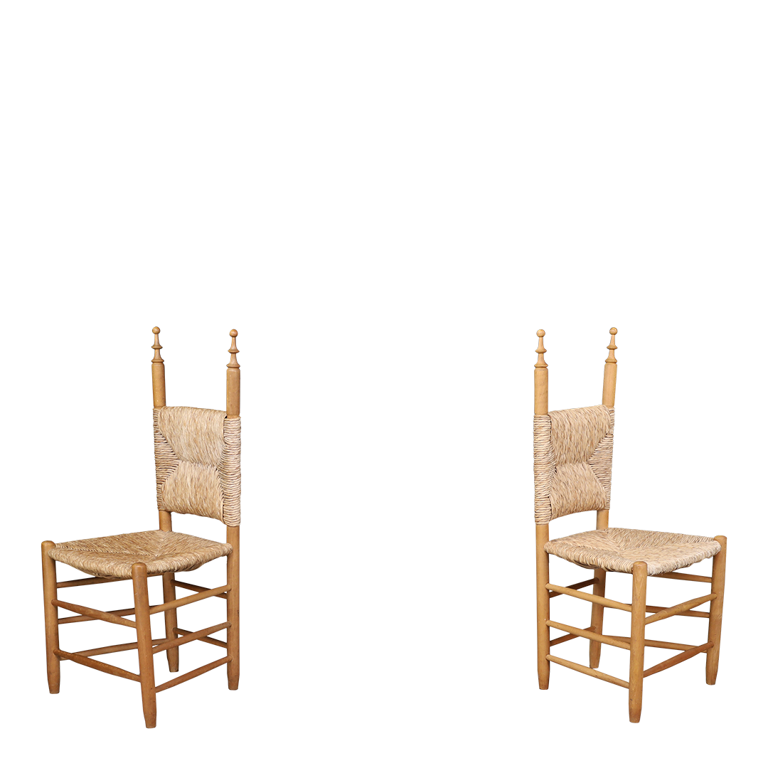 1970s French Country : solid pinewood & corded hemp chairs + stool