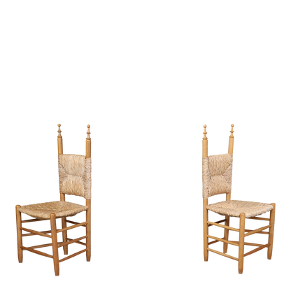 1970s French Country : solid pinewood & corded hemp chairs + stool