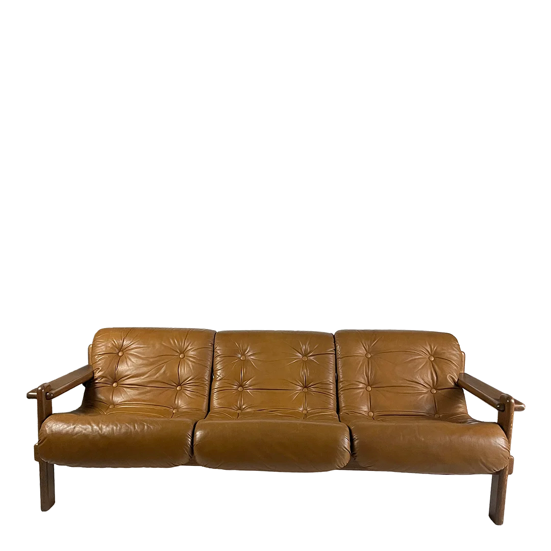 1970s German : leather & oakwood 3-seat sofa w/exposed joinery