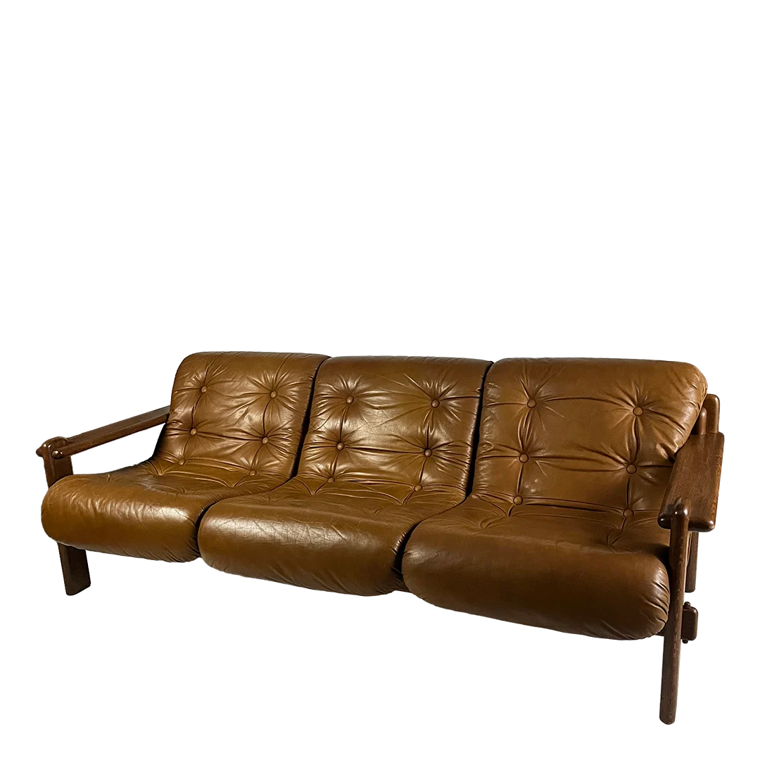 1970s German : leather & oakwood 3-seat sofa w/exposed joinery