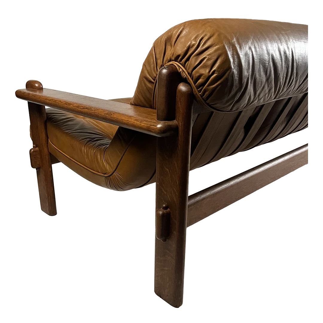 1970s German : leather & oakwood 3-seat sofa w/exposed joinery