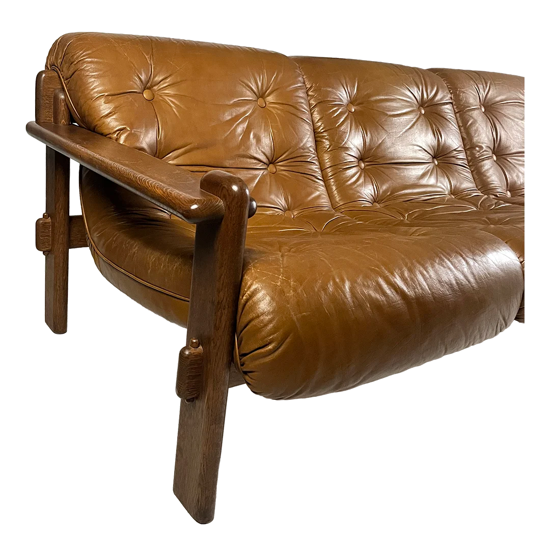 1970s German : leather & oakwood 3-seat sofa w/exposed joinery