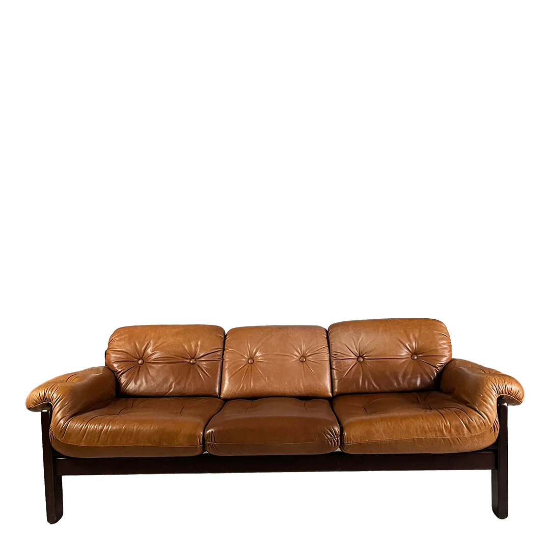 1970 Norwegian : 3-seat cognac leather sofa for Lied Møbler